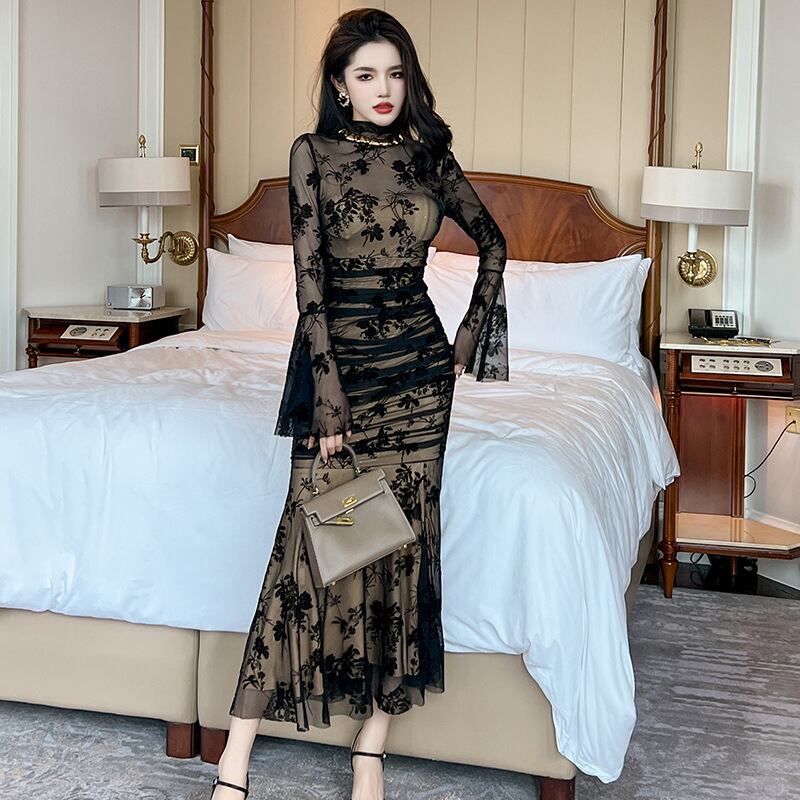 手作り ロングドレス 高品質 レース チュール フリル セクシー エレガント マーメイド XH2-JY20743