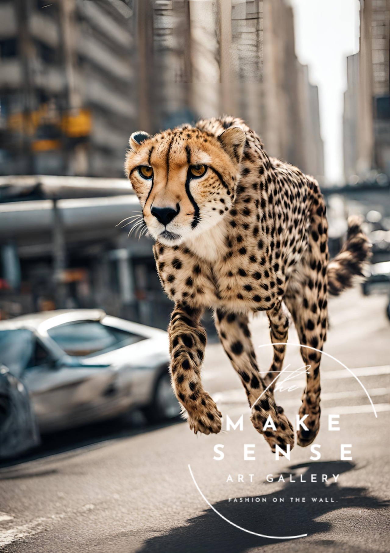 Cheetah Trip｜都会を駆け抜けるチーターのコラージュアートポスター｜非日常感とインパクトで魅せる額縁セット｜A4〜A2 A3ポスター