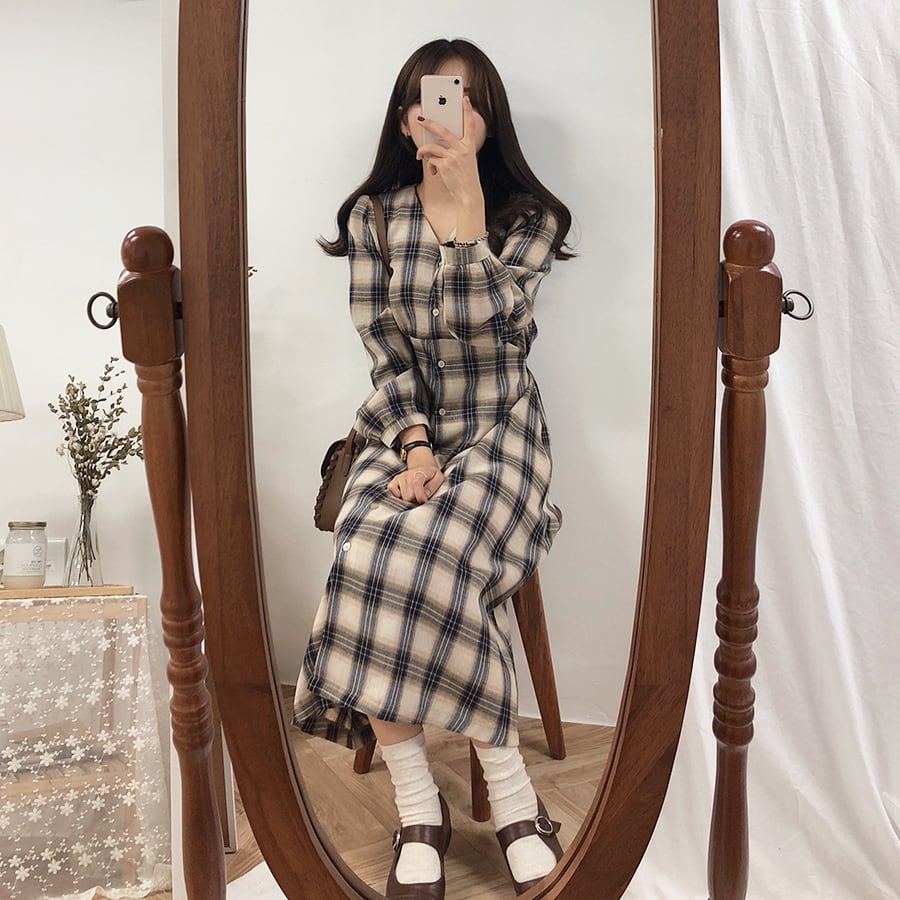 dress】カジュアルワンピースレトロチェック柄森ガール | nanastyle