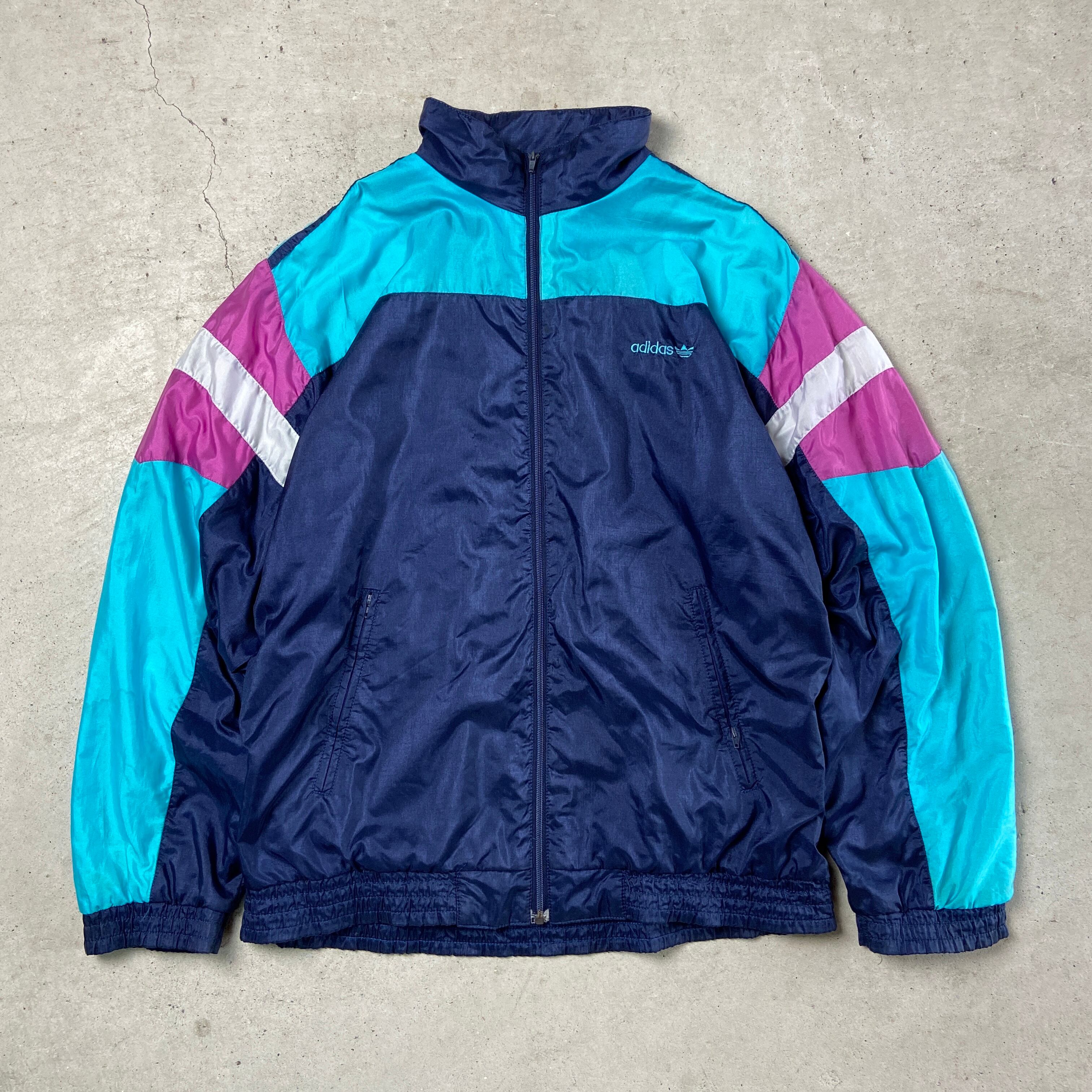 80年代 adidas アディダス ナイロン トラックジャケット メンズL相当 古着 80s ヴィンテージ ビンテージ マルチカラー トレフォイルロゴ  刺繍 サイドライン ライトブルー ネイビー 水色 紺色【ナイロンジャケット】 | cave 古着屋【公式】古着通販サイト