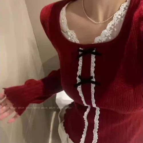 5色/レースネックリボンメロウニットトップス ・79472