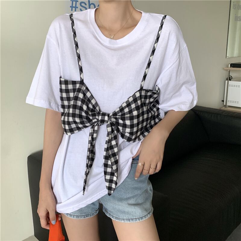 送料無料 レイヤード風 ビスチェ ギンガムチェック Tシャツ 重ね着 ゆったり オーバーサイズ Lamitte Deco トレンド 韓国ファッション ショップ Base店