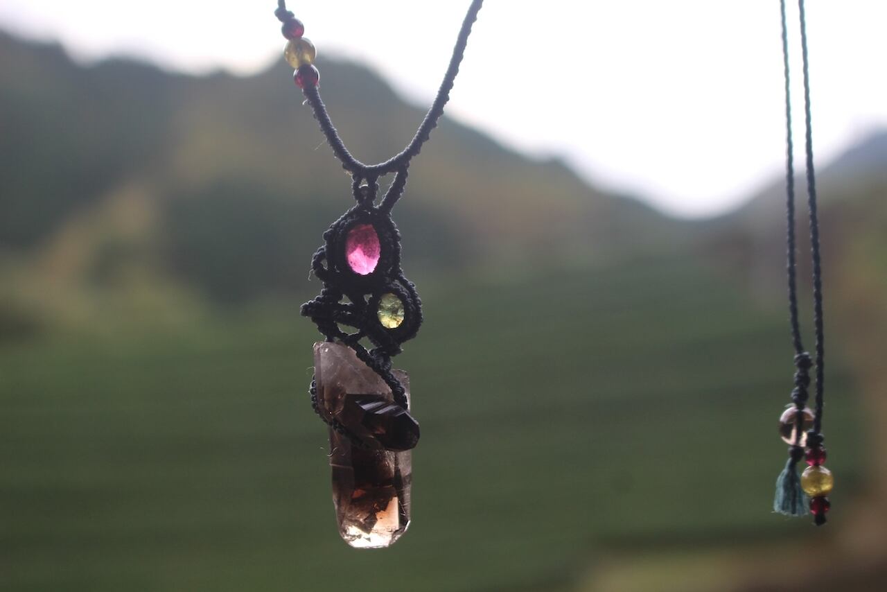 Cairngorm  & Rhodolite Garnet & Green Tourmaline micro macrame necklace