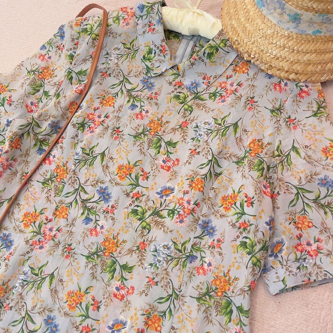 botanical flower light blue one-piece