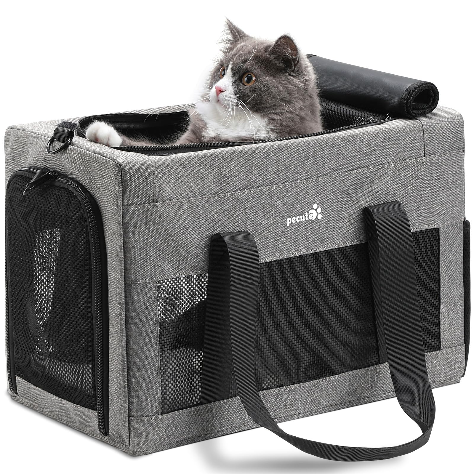【在庫処分】Pecute ペットキャリー 猫キャリー バッグ 手提げ 猫 キャリー ショルダー 猫 きゃりーバッグ 猫 ウサギ 小型犬 小動物用 リュック 通気性 折りたたみ お出かけ ドライブ 旅行 通院 防災 避難用 ライトグレー