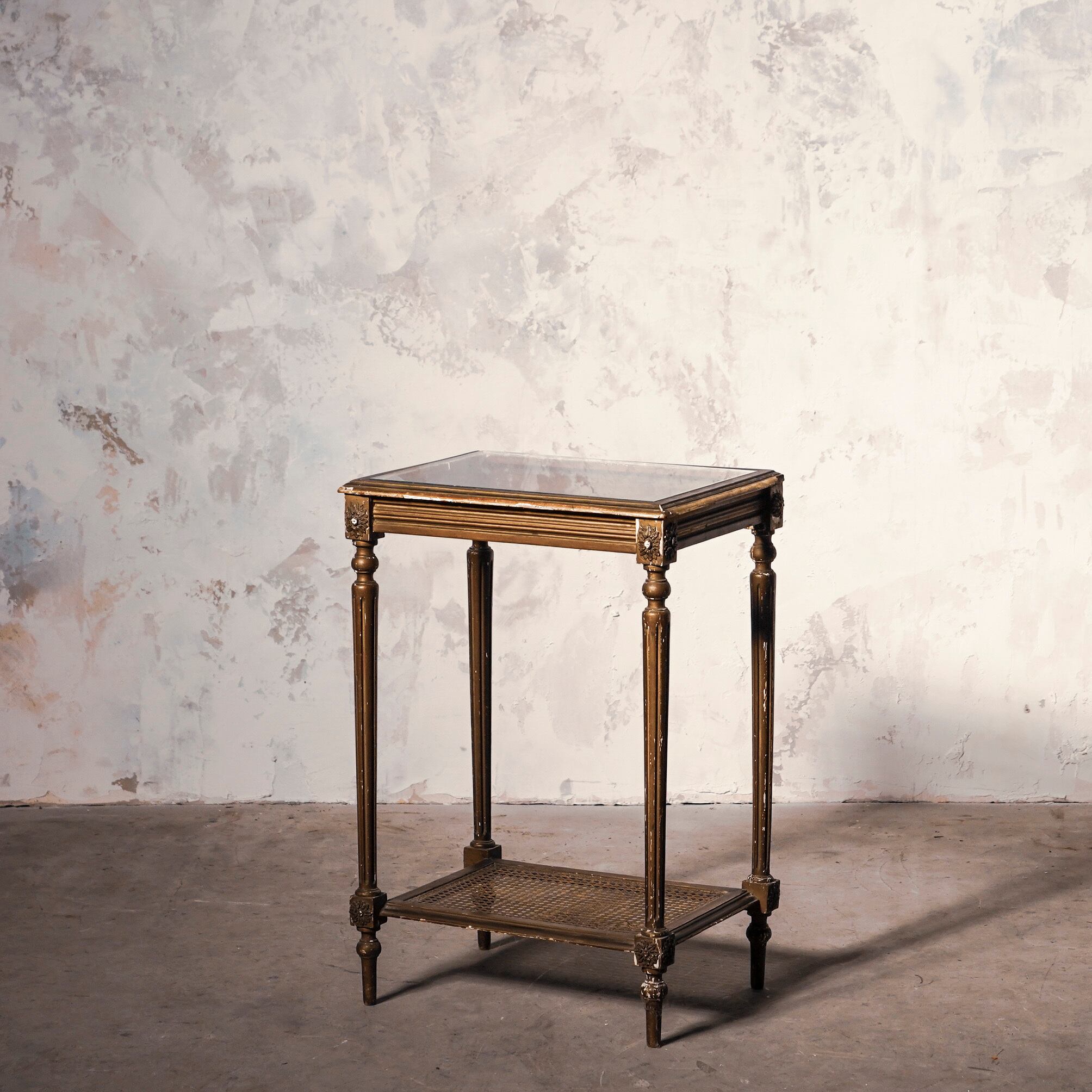 サイドテーブル/ガラス/フレンチアンティーク/ディスプレイ台/パイン素材/フランス/店舗什器