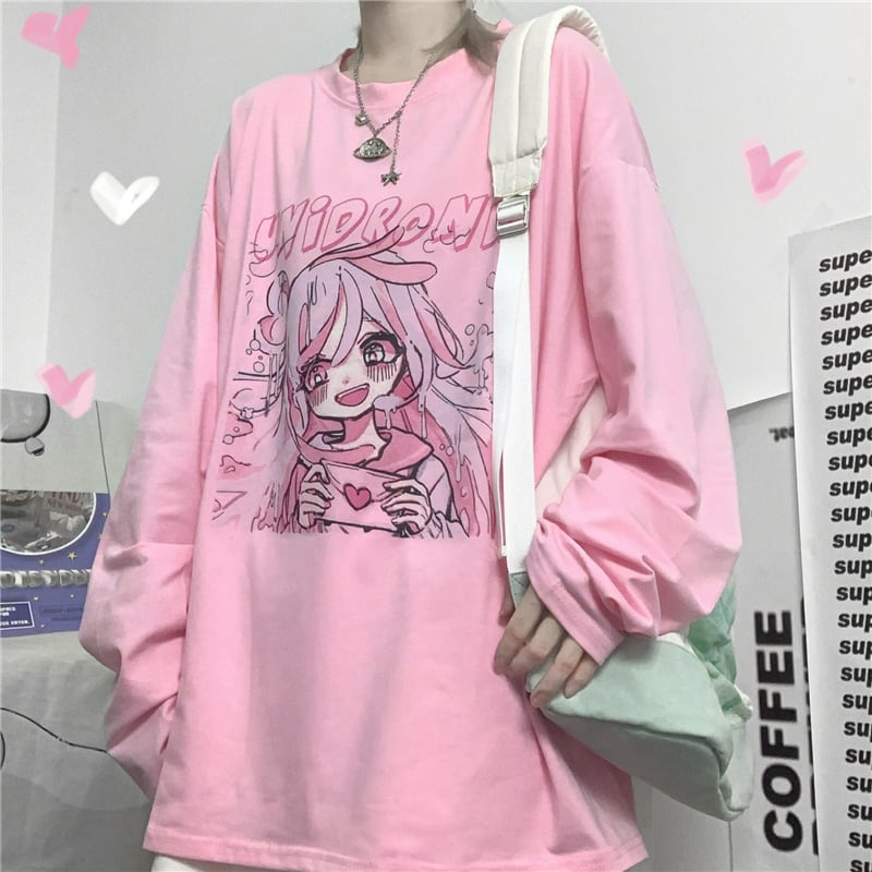 Tシャツ 長袖 女の子プリント オーバーサイズ 大きめ ロンT カジュアル