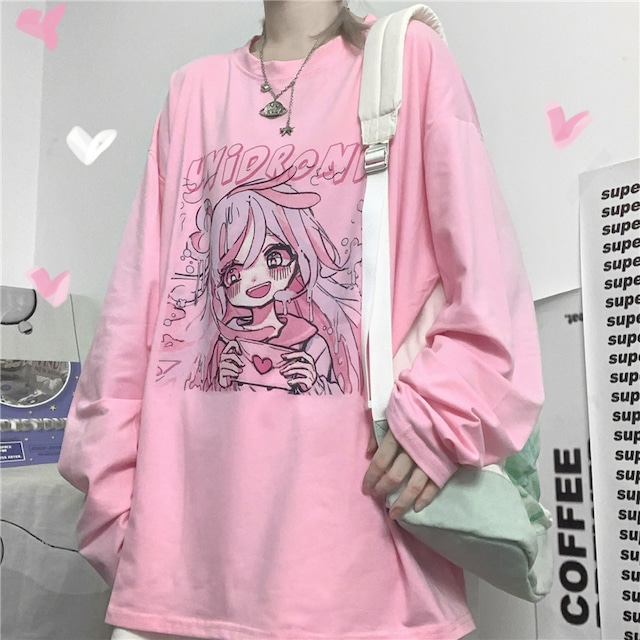 Tシャツ 長袖 女の子プリント オーバーサイズ 大きめ ロンT カジュアル 病み可愛い 病みかわ 地雷系 韓国ストリートファッション 韓国ファッション レディース / Pink loose cartoon print bottoming long sleeve t-shirt (DTC-636364376342)