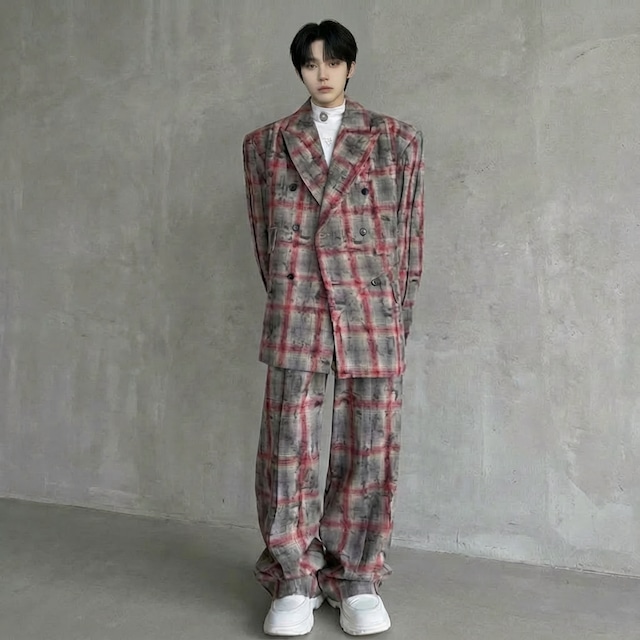 レトロチェック柄 ダブルブレストスーツ セットアップ 2カラー D11392