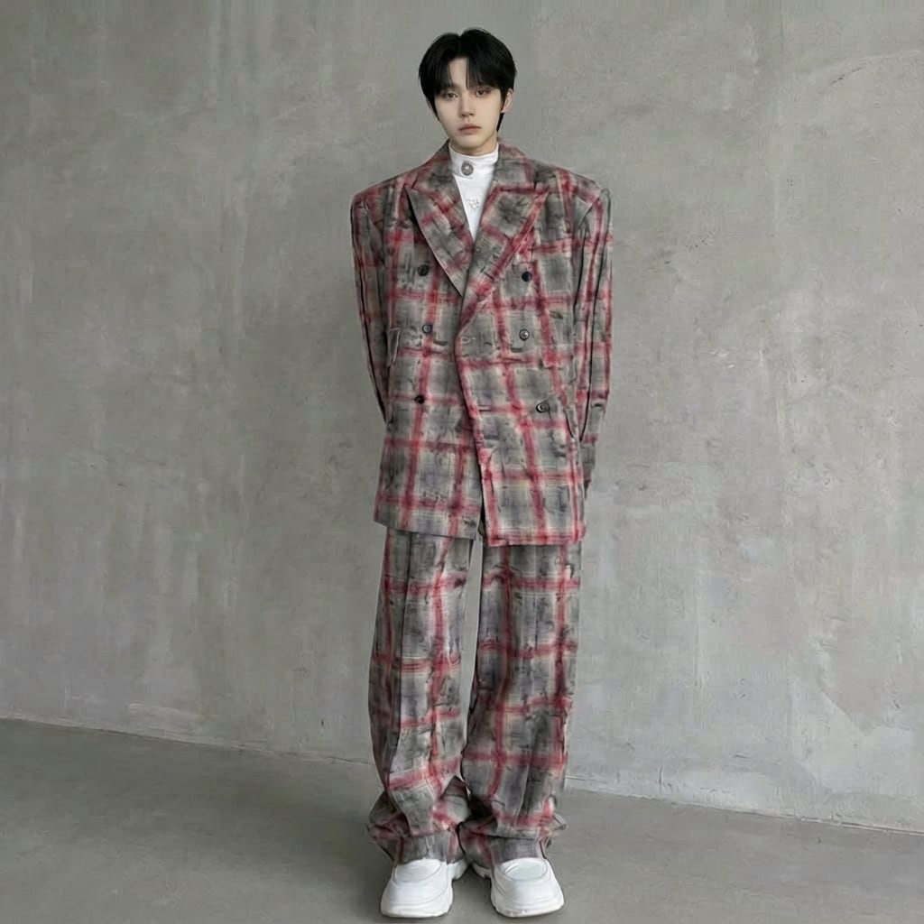 レトロチェック柄 ダブルブレストスーツ セットアップ 2カラー D11392