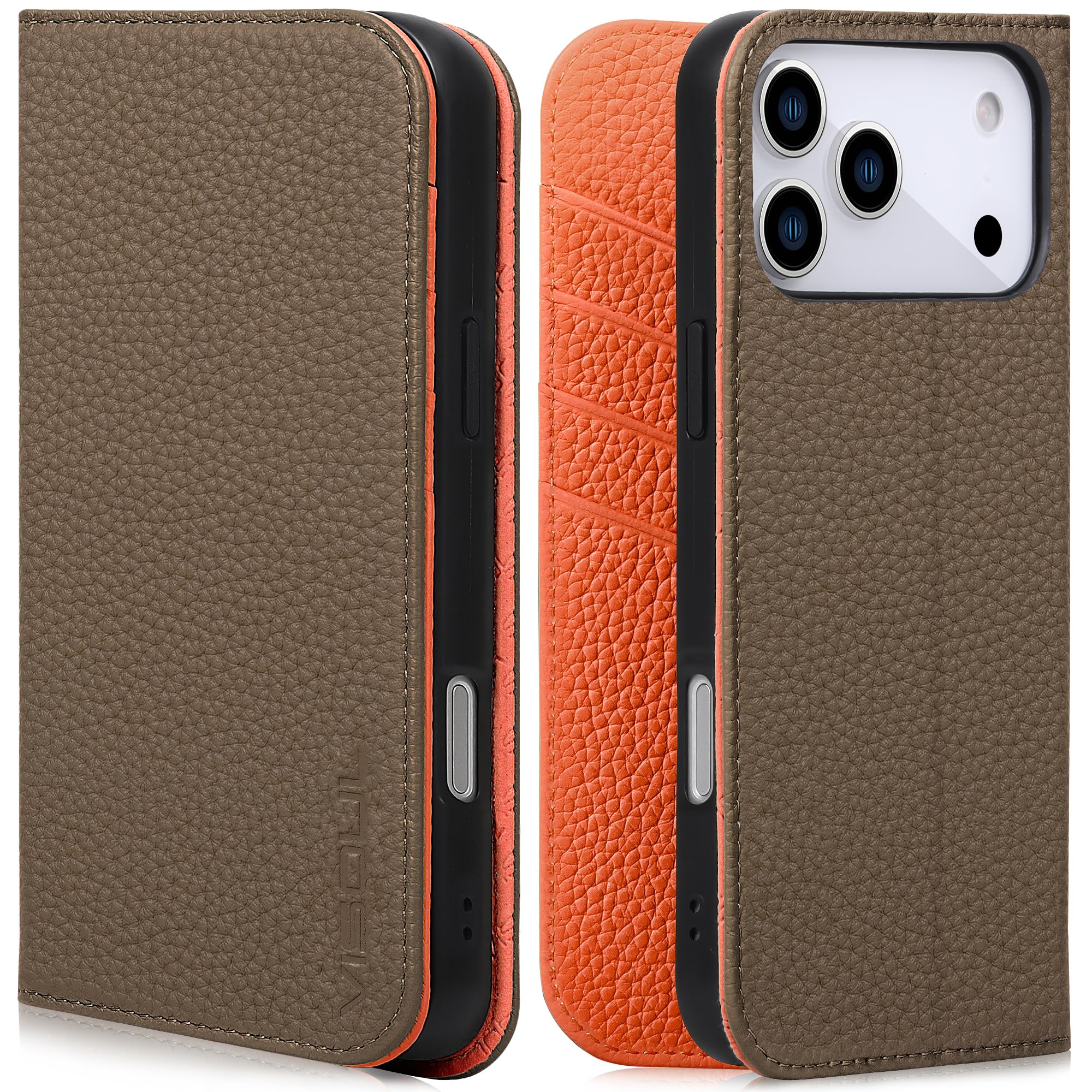 VISOUL iPhone 17 Pro Max 対応 ケース 手帳型 本革 アイフォン17 プロマックス 手帳型ケース MagSafe対応 スマホケース レザー カード収納 携帯カバー 横置きスタンド機能付き マグネット式 全面保護 柔軟なTPU素材 アイホン17 ProMax ブラウンオレンジ