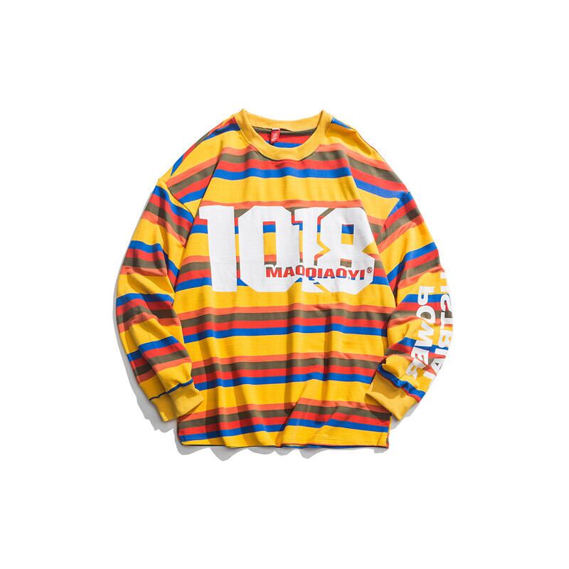 Yidaoヴィンテージ秋新しいオールマッチカラーコントラストストライプデジタルプリントセーターメンズストリートパーソナリティルーズプルオーバー-アリババ オータム 秋物 ビンテージ hip6-161183560571815