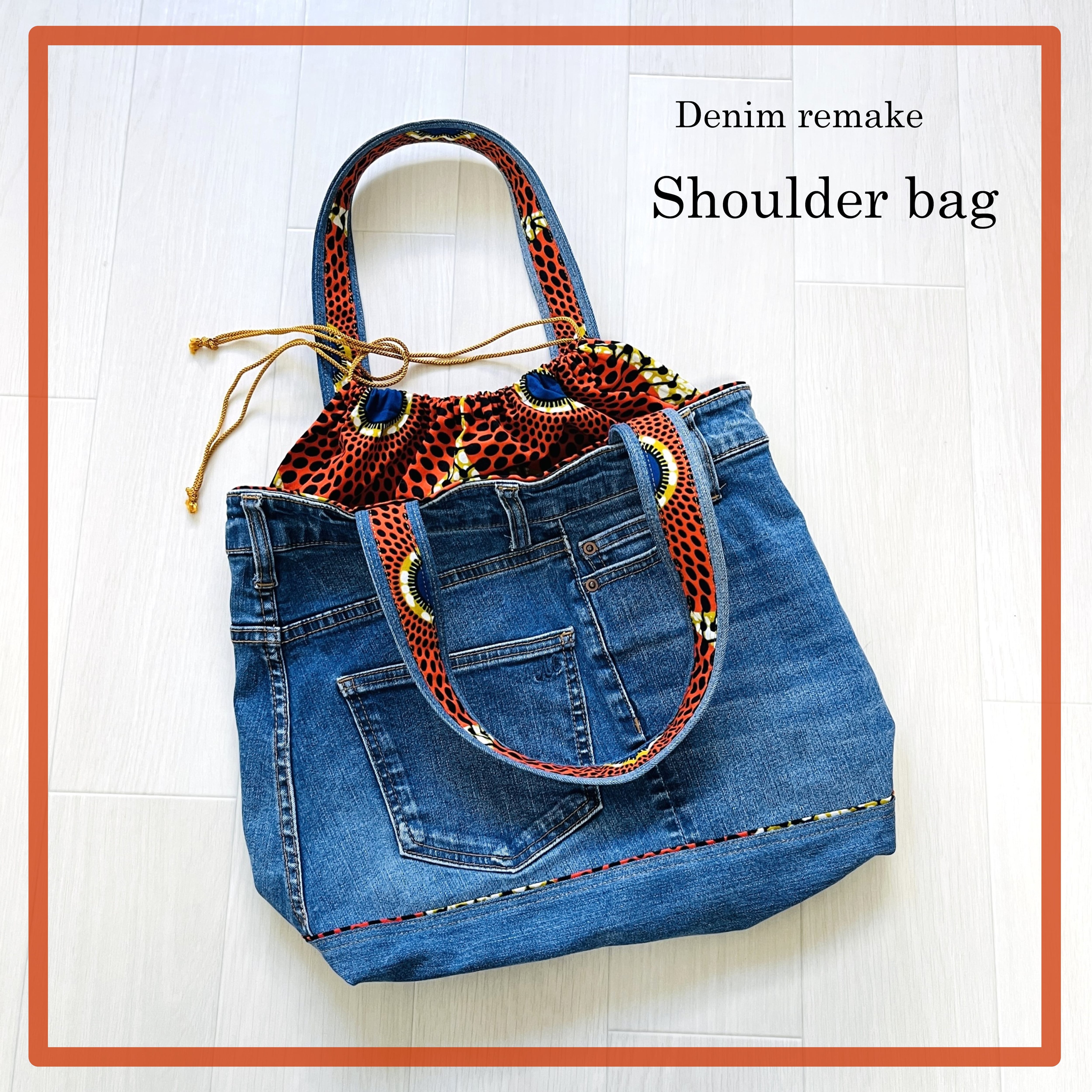 デニムリメイクショルダーバッグ/リバーシブル/アフリカンプリント/Ripple