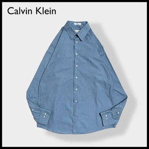 【Calvin Klein】ストライプシャツ slim fit スリムフィット ライトブルー 柄シャツ 長袖 ビジネスカジュアル L相当 ビッグサイズ カルバンクライン US古着