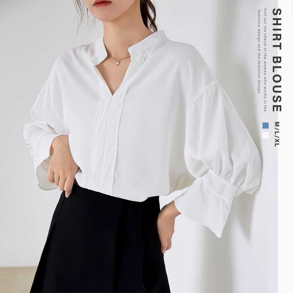 スキッパー シャツブラウス レディース 七分袖 とろみブラウス パフスリーブ