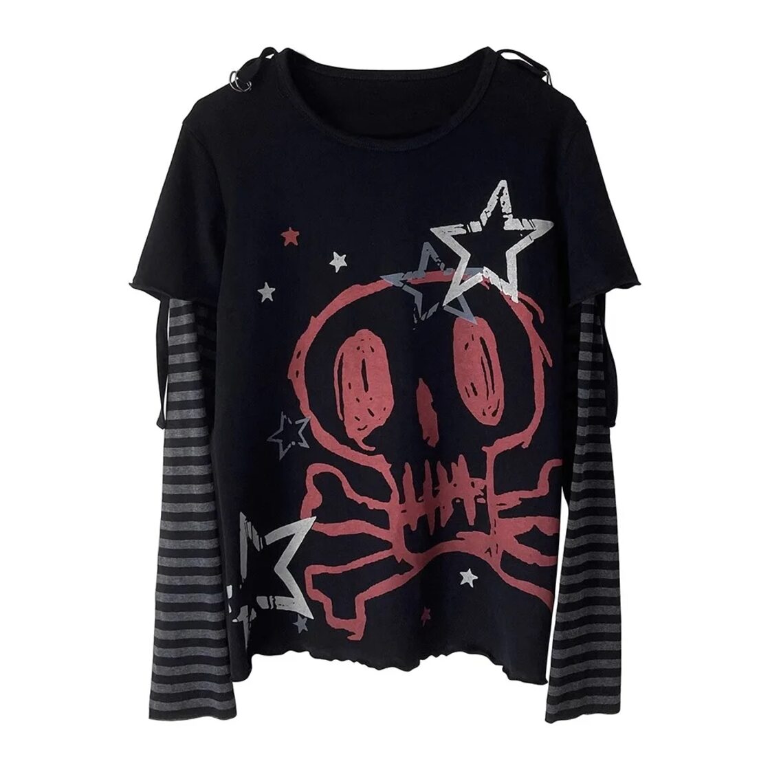 サブカルチャーパンク-女性用長袖スカルプリントTシャツ,原宿ロック 