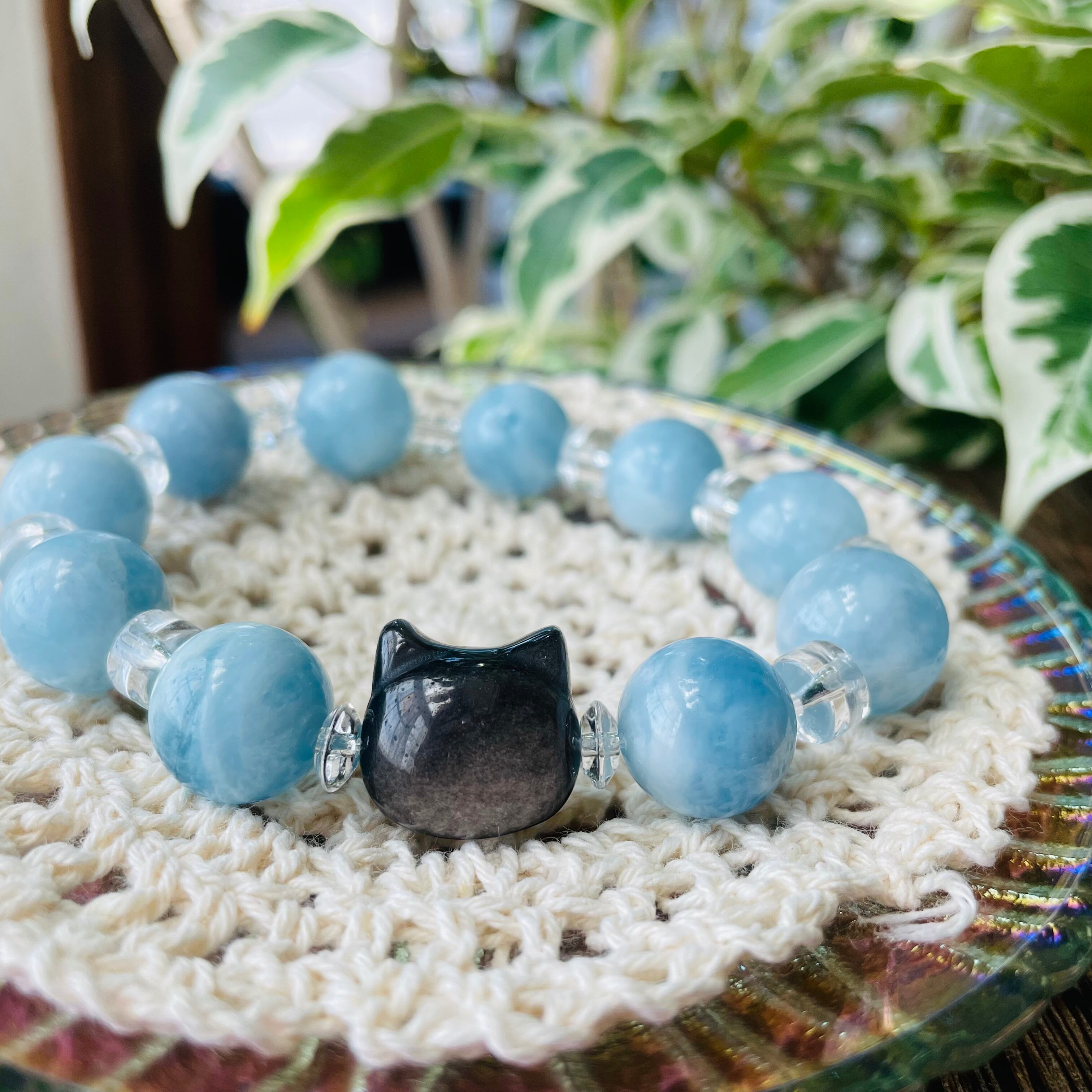 4335-⑬パワーストーン|ブレスレット|浄化・癒し| 猫雑貨 猫モチーフ 猫グッズ アクセサリー 天然石 3月誕生石 プレゼント ギフト レディース