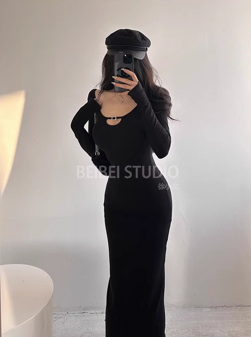 ラインストーンミニベルトデザインラウンドネックロングスリーブワンピース