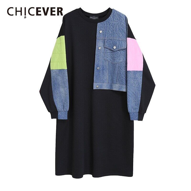 CHICEVERヴィンテージストレートドレスレディースOネック長袖ルーズパッチワークヒットカラーオーバーサイズミッドドレス2020服 ロング ビンテージ 6base552187189446