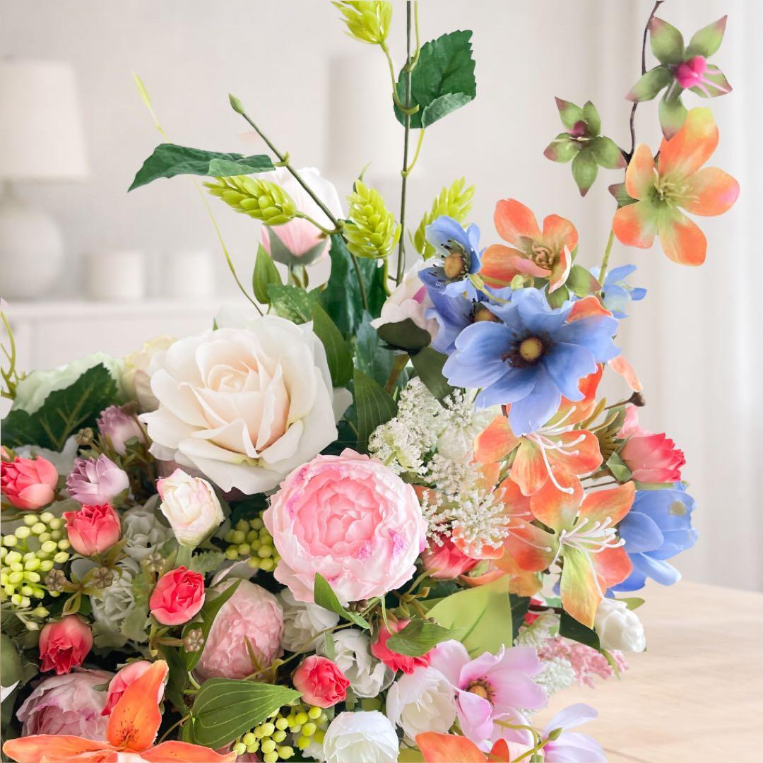 光触媒フラワー 特大 薔薇と季節の草花の豪華アレンジ 開店祝 退職祝 受付装花 光触媒フラワー「至福のフレンチガーデン」特大62cm 百合とオールド