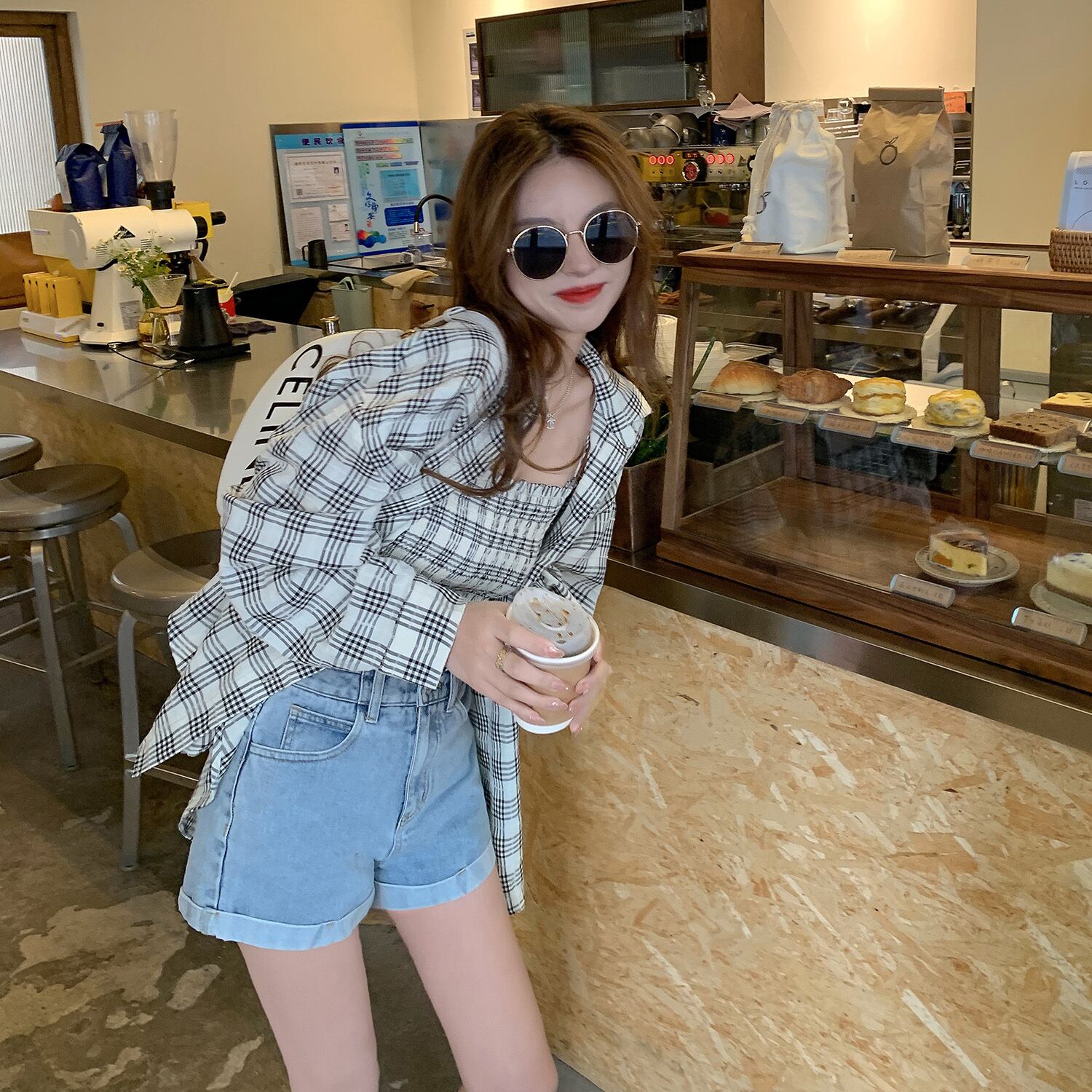 ブラックホワイト格子柄シャツ ルーズジャケット サマー薄手 夏物 HUCHUJING24771293037