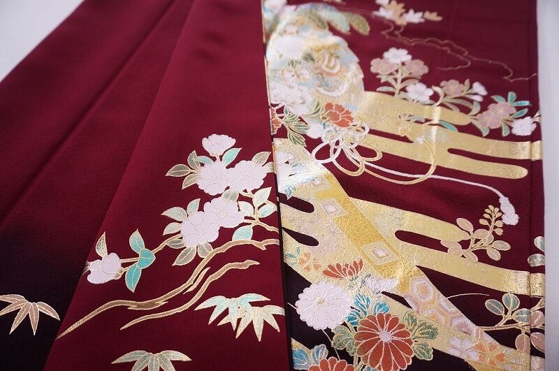 美品 やまと誂製 金泥 振袖 吉祥花柄 臙脂色 紅色 021 | kimono Re:和