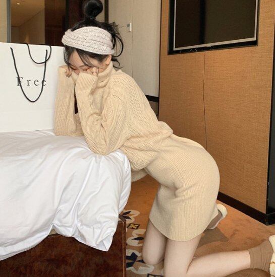 ミニワンピース ニット ケーブル 編み ワンピース ハイネック ニット