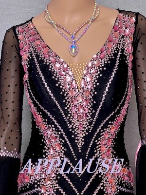 【新着】社交ダンス ドレス　スタンダード　モダンドレス　ブラック×ピンク　M   ST-25-16  デモ・競技用ドレス　発表会衣装　パーティドレス　ワンピース　舞台衣装