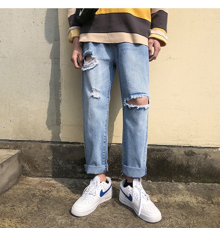 全1色 デニム パンツ ストレート カジュアル ダメージ おしゃれ