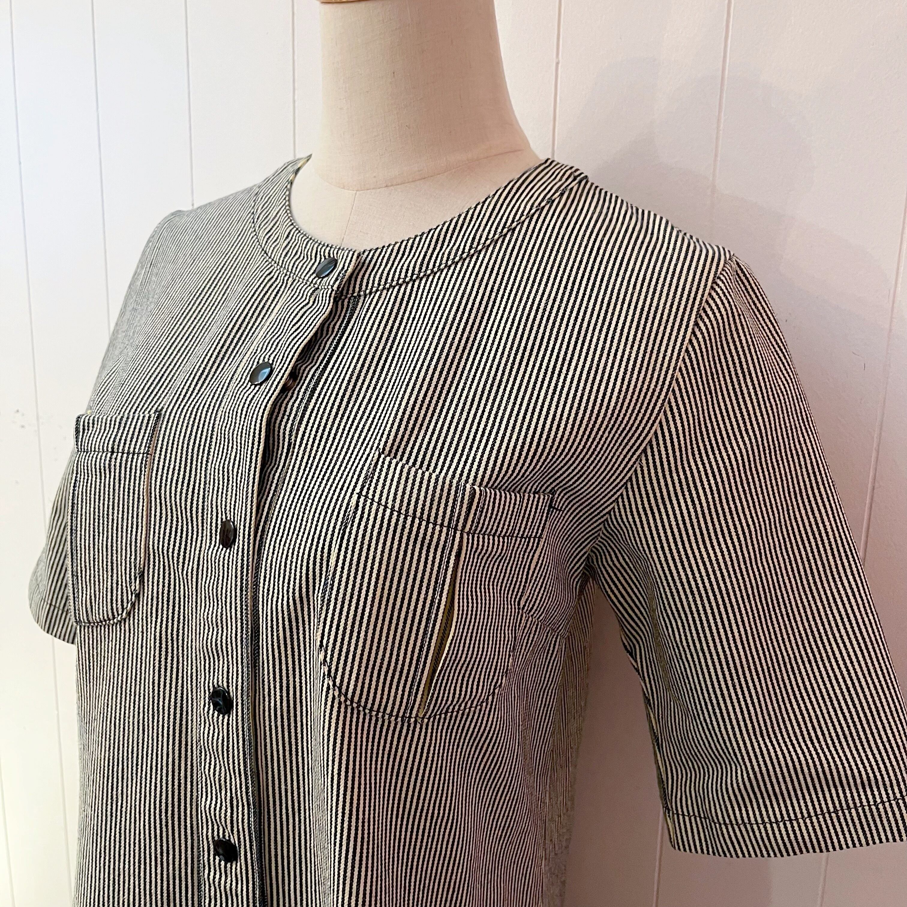 hickory stripe snap button one-piece