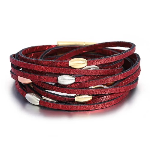 チャーム ブレスレット  レザー ビーズ メタル レトロ ロング レディース トリプル カラー BOHO