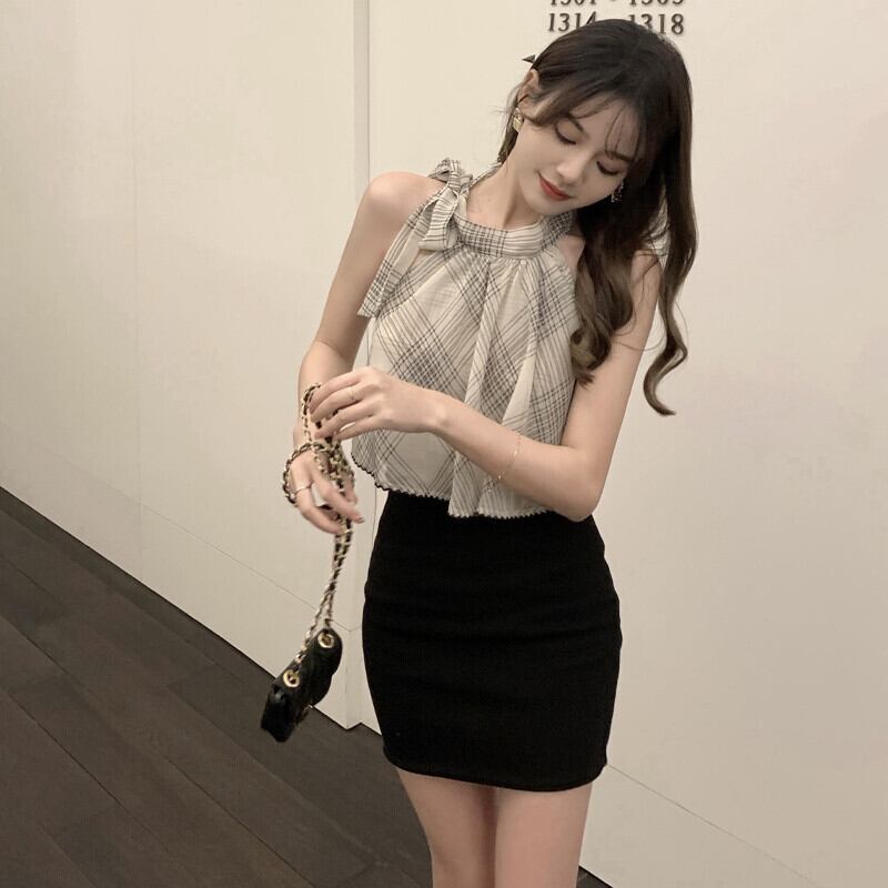 レースストラップレスホルターシフォントップス ブラックスカート サマー ストリート 夏物 ピュア ガールズファッション31578312482