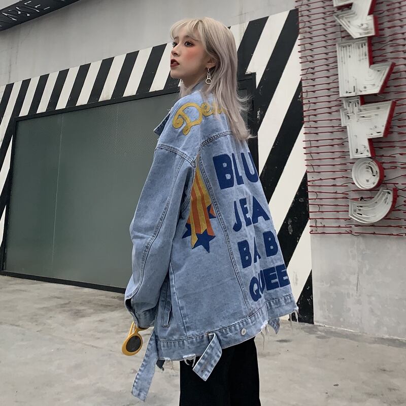 ゴスロリ系 春服 デニム ジャケット オーバーサイズ バックロゴ ビック