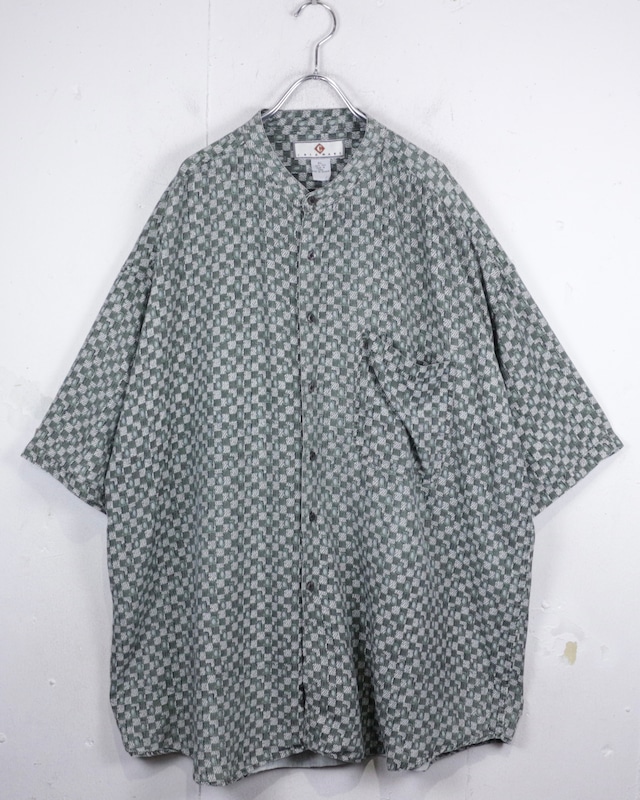 【Caka act2】Total Pattern Vintage Loose S/S Band Collar Silk Shirt