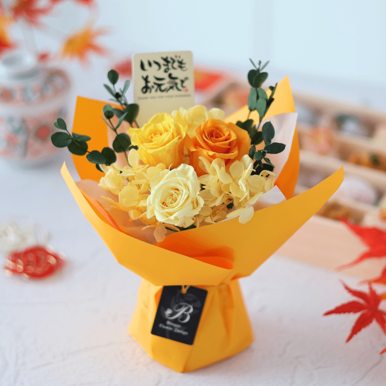 ✨大人気✨オレンジ＆黄色バラプリザーブアレンジ✨ラッピングの