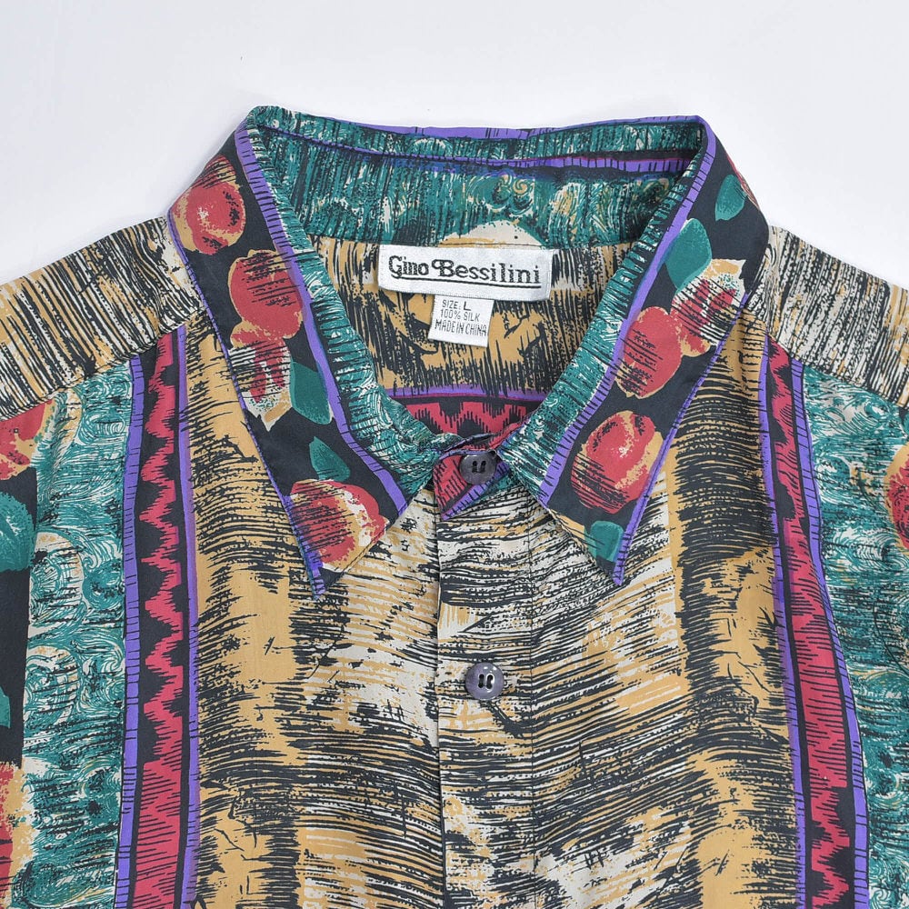 80～90s gino Bessilini アンテーク調 ボタニカル柄 総柄 シルク