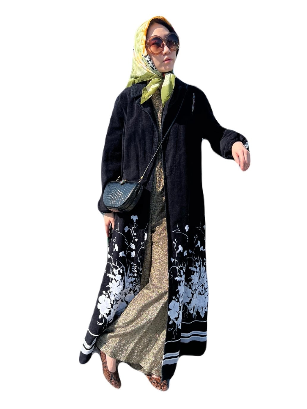 Vintage Euro black floral pile coat