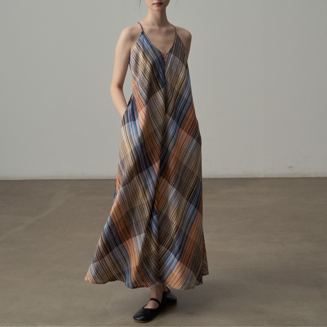 check pattern camisole long dress L0550