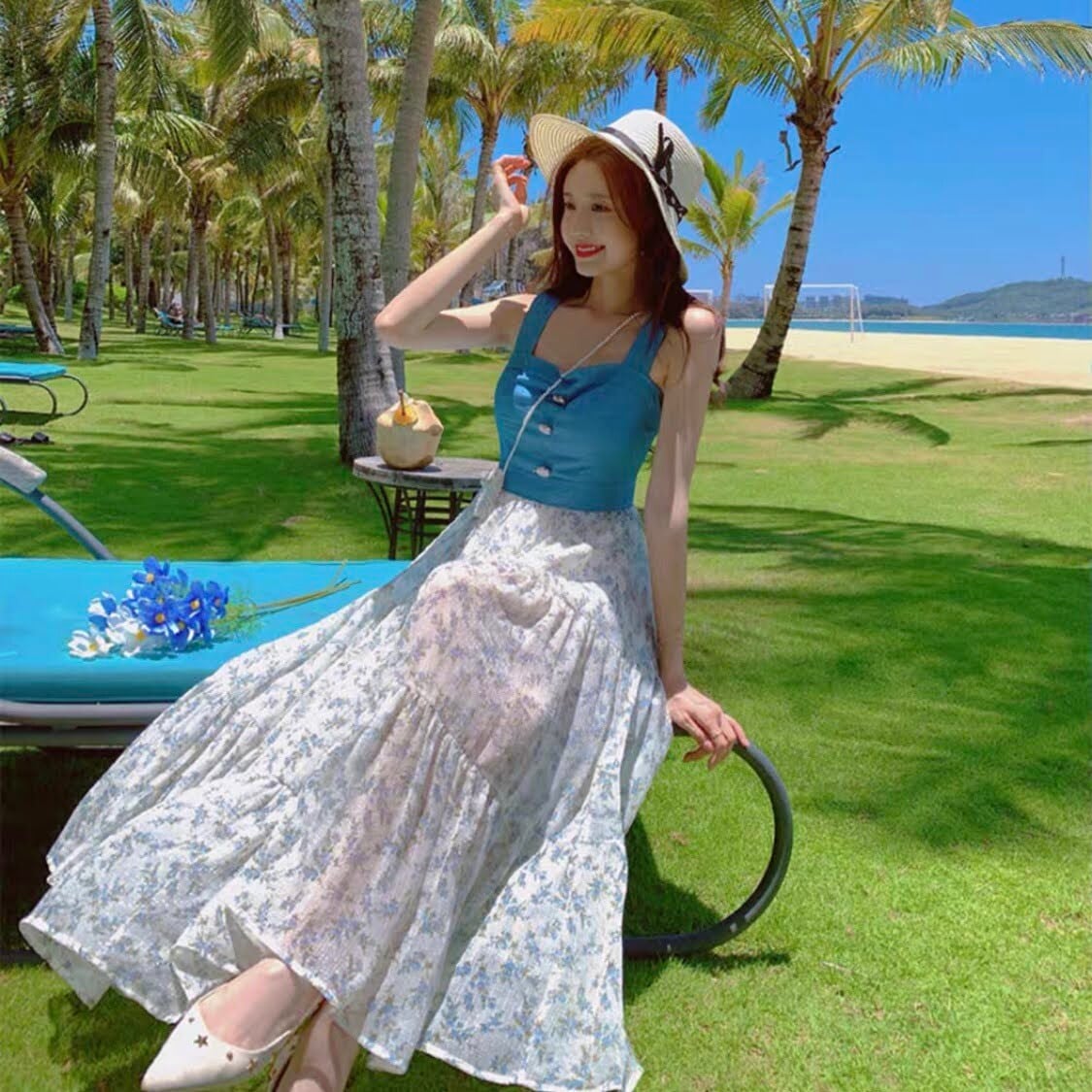 デニムトップス×花柄シフォンスカートドッキングワンピース | LILIANA