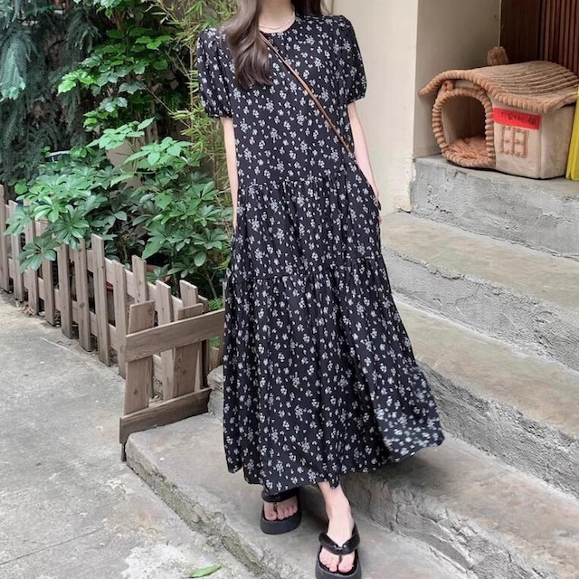 ラウンドネック花柄シフォンワンピース W00276