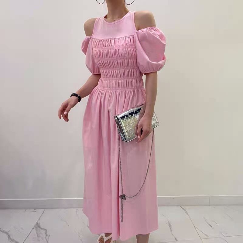 ゴシック調ダイヤカットタイ付きブラウス型ワンピース：薄ピンク×白