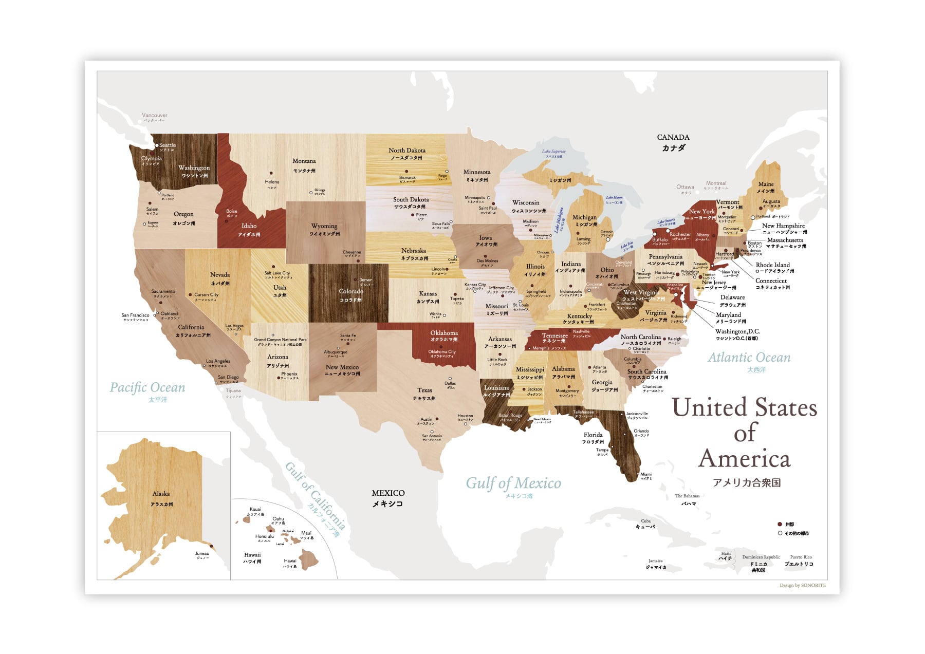アメリカ地図 分かりやすい おしゃれなA2サイズ 木目調マップ 世界 旅行