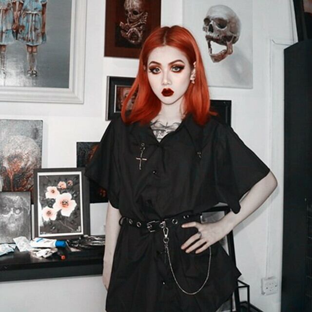 サブカル 服 地雷系 通販 ロングシャツ シャツワンピ サイドチェーン 十字架 ゴスロリ ベルト メタルチェーン V系 闇かわいい 小悪魔 ブラック オルチャン