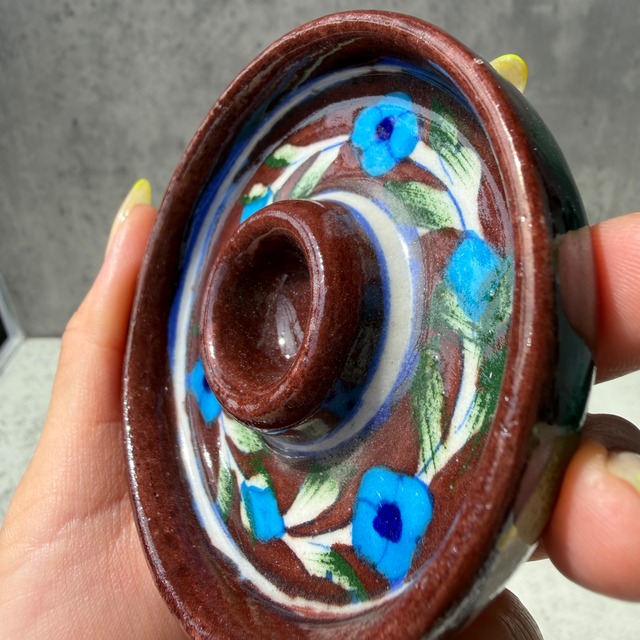 インド・ジャイプール 花柄の陶器のお香立て｜ブラウン・グリーン