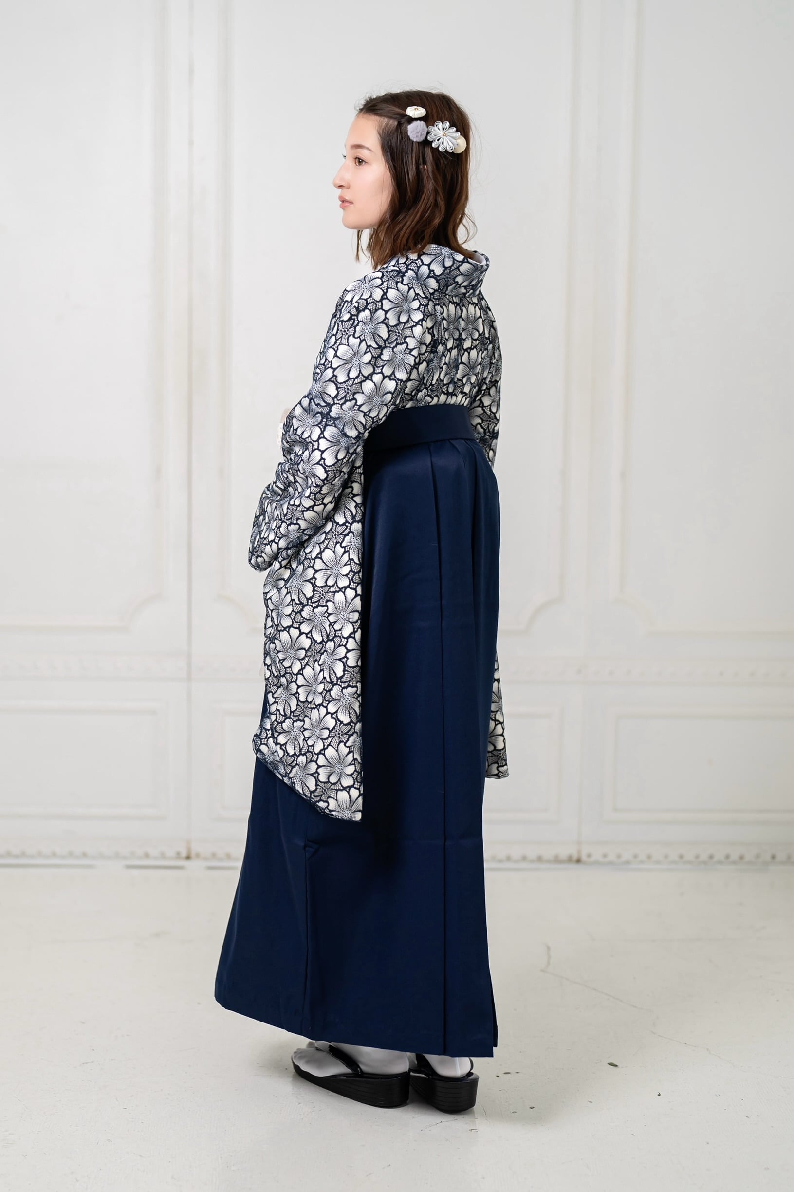 Kimono Sienne 卒業式袴3点セット レース二尺袖 紺×白 二尺袖着物 袴