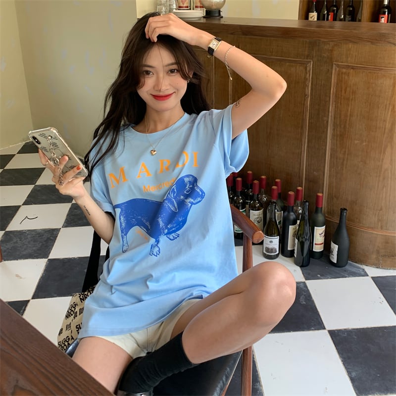 ルーズTシャツ サマープリントラウンドネックトップス 夏物 Oネック モンロー71992861507