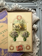 アンティークポストカード すみれのトピアリー Rose 薔薇のリース 窓辺の風景  フランス 額装 インテリア 撮影小物
