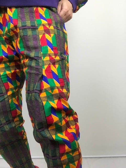 【新品】フリース　起毛　アフリカ生地ポケットパンツ　カーキ　B384-2 新品】フリース 起毛 アフリカ生地ポケットパンツ カーキ B384-2