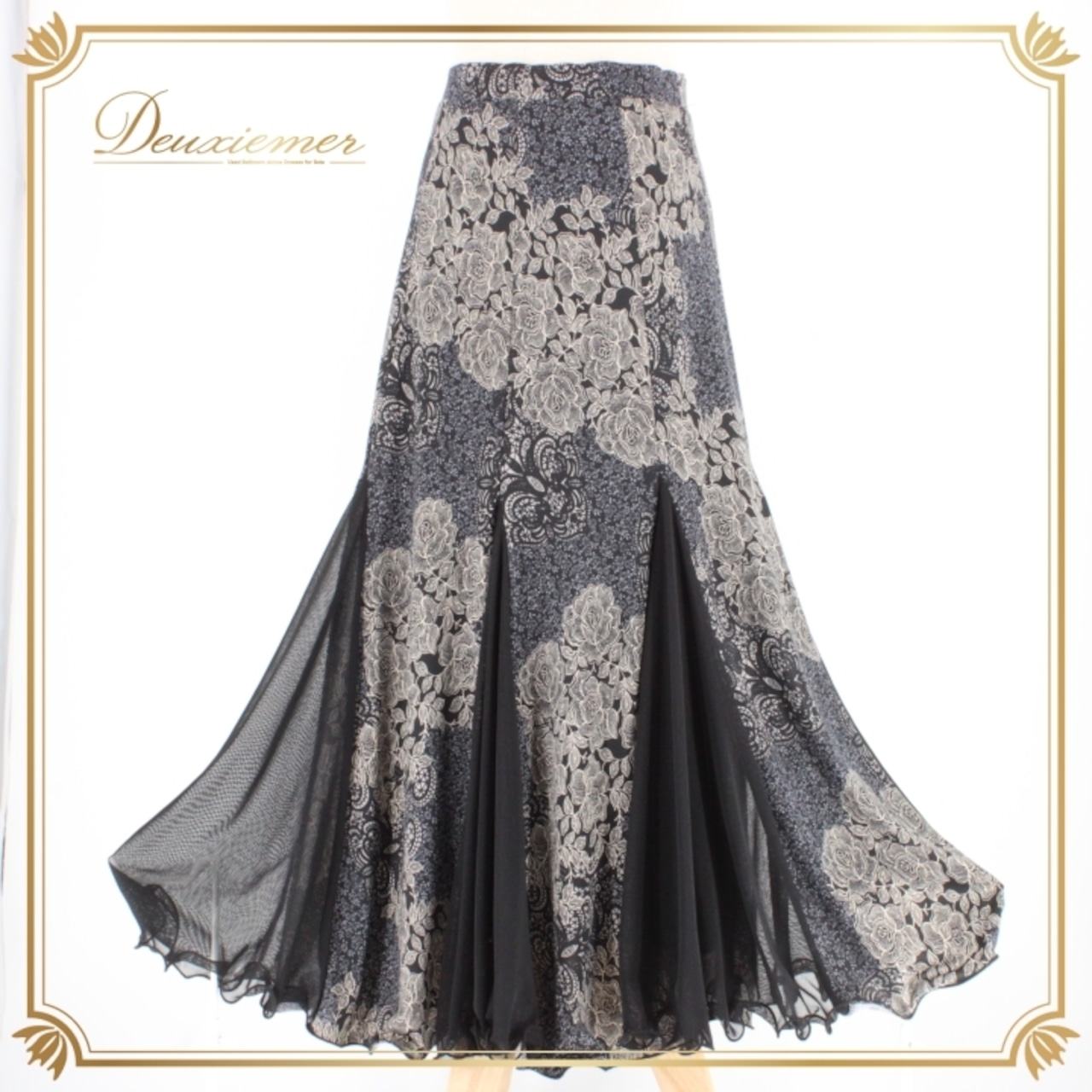 社交ダンス 衣装 スタンダード スカート レッスンウェア 練習着 ブラック系 Leirena レイリーナ 黒 花柄 白 グレイ系 ホワイト系 上品 シンプル 上質 フェミニン 丈長 ストレッチ フレア スカート 余興 クラシック ダンスウェア おしゃれ 大人 上品系 エレガント カジュアル ブラックホワイト グレー系 スタイルアップ お呼ばれ 体型カバー レディース