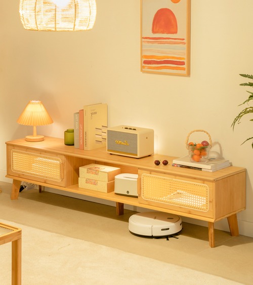 ラタンテレビキャビネット TVボード テレビ台 ローボード 天然ラタン 籐編み 北欧風 ナチュラル 収納 引き出し付き ケーブル管理 配線穴 リビング家具 ロボット掃除機対応 脚付き 大容量収納